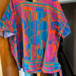 NWT Marina Rinaldi cotton Bright Floral-Stripe Blouse in Pink, Orange & Blue